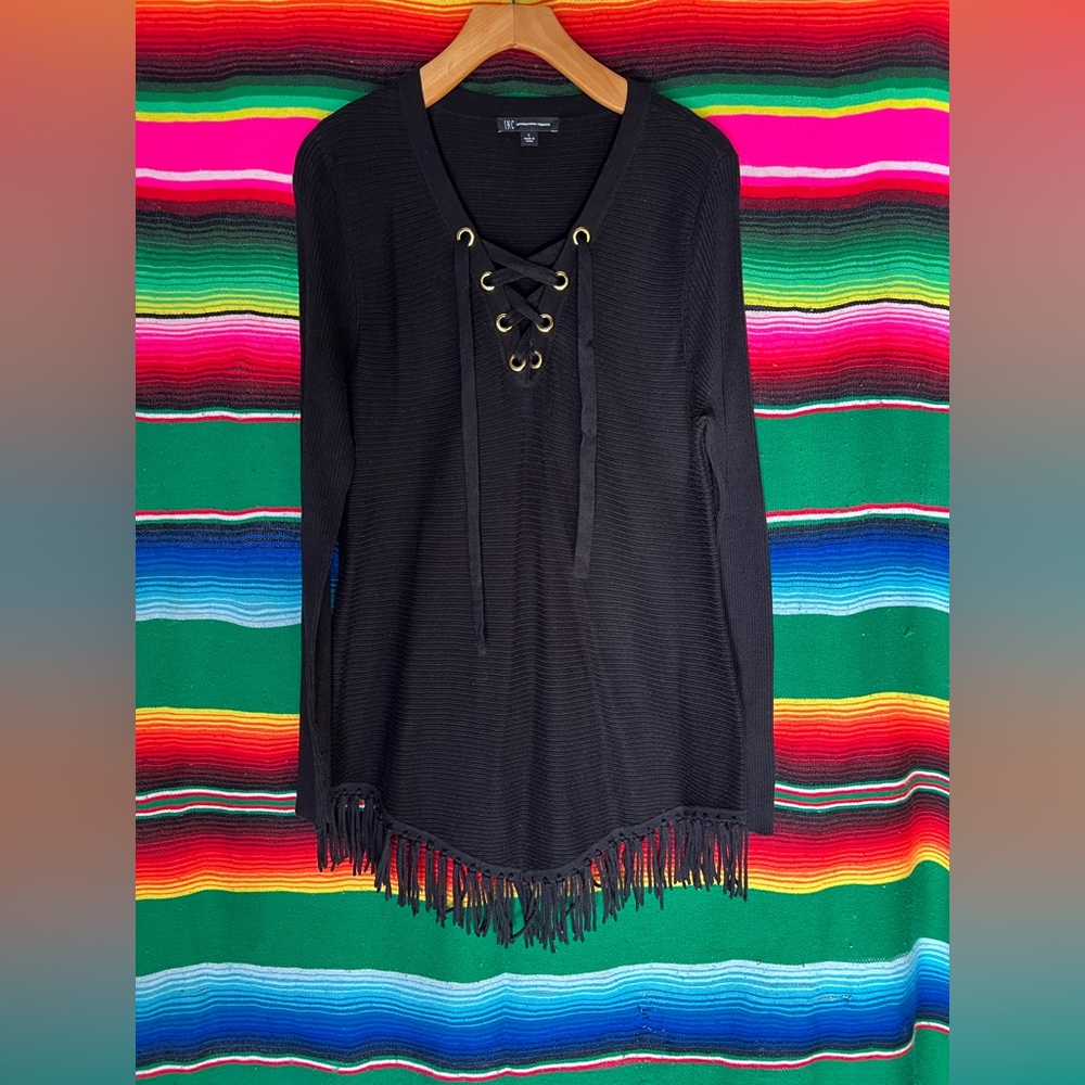 INC International Concepts Black Lace-Up Fringe Knit Poncho Sweater Size L